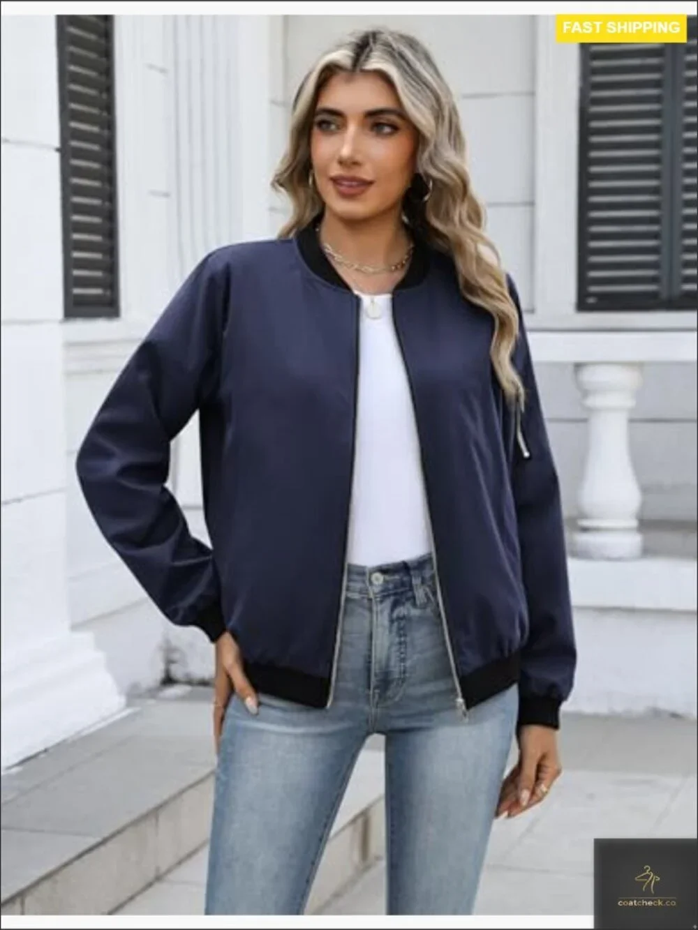 Casual Bomber Jacket Zip Up Lightweight Trendy Workwear Coat With Pockets